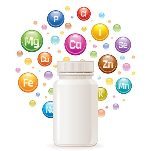 Multi mineral vitamin complex supplement. 3d mockup with empty bottle minerals. Calcium iron zinc selenium iodine magnesium. Trendy health multivitamin complex poster. Icon isolated white background